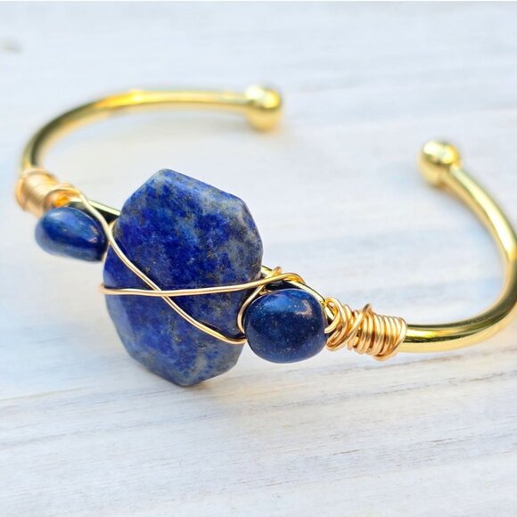 Lapis Lazuli Triple-Stone Wire Wrap Cuff – 14Kt Gold Over Copper – Handmade NWT - Picture 6 of 10